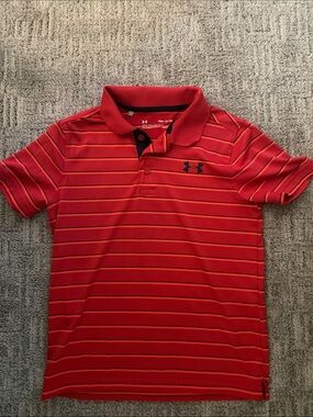Under Armour Red Polo with Thin Orange Stripes